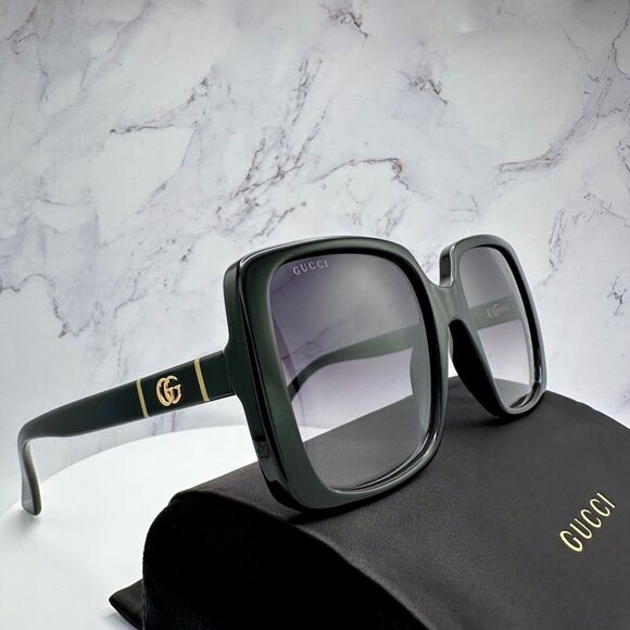 New Gucci Sunglasses Black Square Gold Interlocking GG Metal Logo Italy - Picture 14 of 16